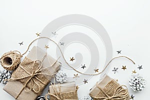 Gift boxes collection wrapped in kraft paper with white background