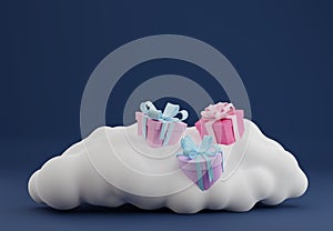 Gift boxes with colorful bows on a white cloud. 3d illustration. Render