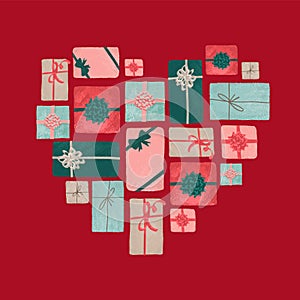 Gift boxes in a composition made from hearts. Valentine& x27;s day card concept