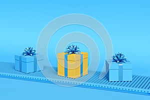 Gift boxes on conveyor belt in blue pastel colors. Holiday delivery concept. Minimal composition. 3d render.