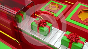 Gift boxes on conveyor belt Xmas or Christmas. Santa`s Christmas toy factory at the North Pole. Conveyor belts with Christmas