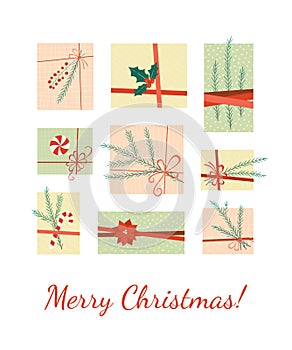 Gift boxes decorated with fir branches and red ribbons. Merry Christmas card. Set of presents