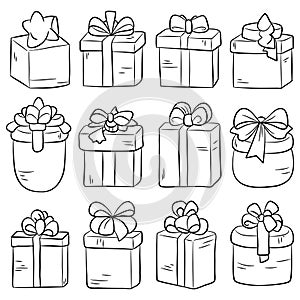 Gift boxes doodle hand drawn in black line vector set