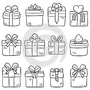 Gift boxes doodle hand drawn in black line vector set