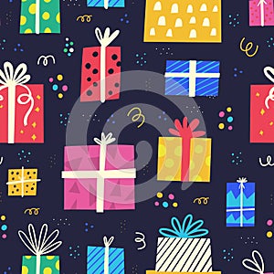 Gift boxes doodles flat vector seamless pattern