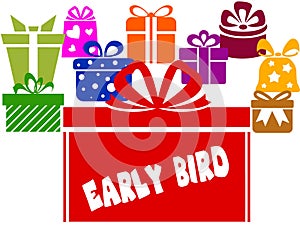Gift boxes with EARLY BIRD text.