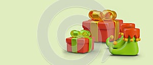 Gift boxes, elf boots. Advertising horizontal banner in cartoon style