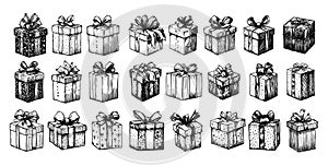 Gift boxes engraving vector set. Bows present packages, paper wrapped celebration holiday containers, hand drawn retro photo