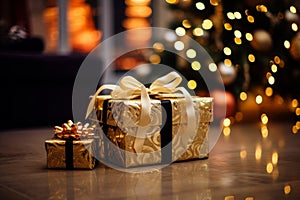 gift boxes on the floor with christmas tree in the background reklamnÃÂ­ fotografie photo