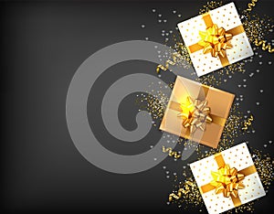 Gift boxes with golden bow Vector realistic. Dark background confeti sparkle. Product placement mock up. Design photo