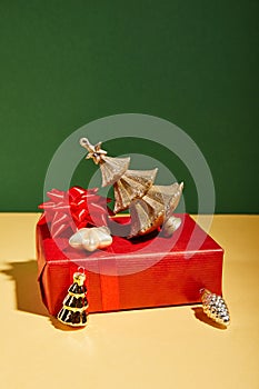 Gift boxes and golden Christmas decor