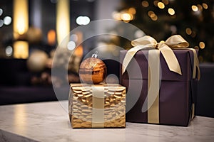 gift boxes with golden ribbon and christmas tree in the background reklamnÃÂ­ fotografie photo