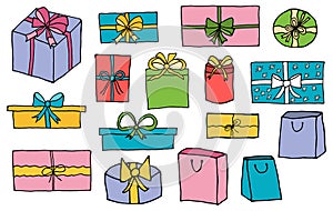 Gift boxes in hand drawn style, set. Vector illustration