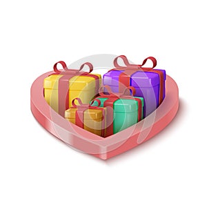 Gift boxes in a heart-shaped box. Vector 3d illustration.