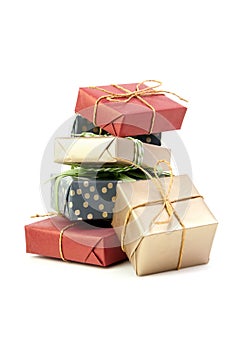 Gift boxes holiday present isolated on white. Colorful gift boxes stack. Christmas or birthday gift boxes group