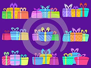 Gift boxes icon set in flat style. Surprise in a box. Compositions with gifts of different colors for advertising products,