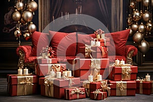 Gift boxes inside a luxury room vith vintage red couch and golden decorations. Generative AI