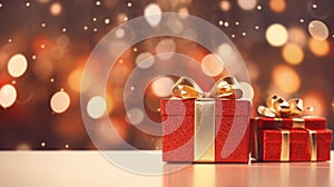 Gift boxes with a large red bow against a background bokeh of twinkling party lights