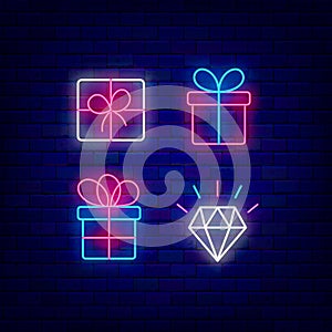 Gift boxes neon icon collection. Shiny diamond. Present and surprise concept. Glowing effect. Vector illustration