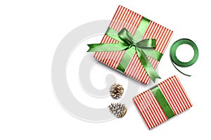 Gift boxes, packing paper, scissors, ribbon on white background. Festive background, congratulation, gift wrapping, Christmas and