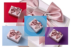 Gift boxes with a pinl bowes on a white, blue, red and  purple background