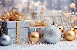 Gift boxes, present boxes,Christmas balls, fir branches on a wooden table on a snowy background of festive bokeh.Christmas