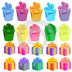 Gift boxes, presents icon set. Sale shopping concept. Birthday Party Christmas. Cartoon elements, flat design