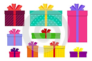 Gift boxes, presents isolated set vector. Flat surprise box with bows on holiday. Set of giftbox, present icon for birthday, photo