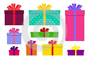 Gift boxes, presents isolated set vector. Flat surprise box with bows on holiday. Set of giftbox, present icon for birthday,