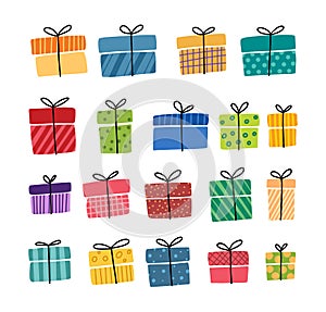 Gift boxes, presents vector icon set. Hand drawn doodle collection isolated on white. For Sale Birthday Christmas