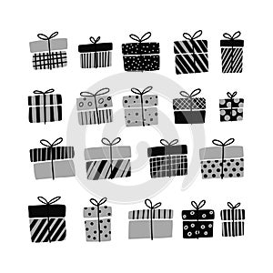Gift boxes, presents vector icon set Monochrome Hand drawn doodle collection isolated on white. Sale Birthday Christmas