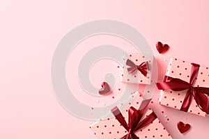 Gift boxes with red ribbon bows, red hearts, confetti on pastel pink background