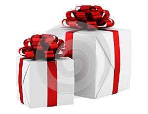 Gift boxes with red ribbons isolated on white