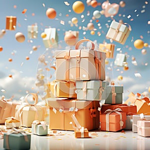 Gift boxes with ribbon, bow, colorful balloons and confetti, shopping suprise for holiday, wrapped package for birthday