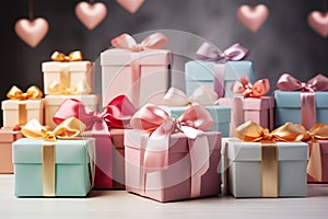 Gift boxes with ribbon, bow, colorful hearts, shopping suprise for holiday, wrapped package for birthday or valentine