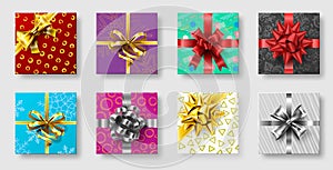 Gift boxes with ribbon bow. Gifts decoration bows, christmas holidays top view presents boxes 3d realistic vector