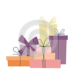 Gift boxes with ribbon bows, flat doodle illustration.