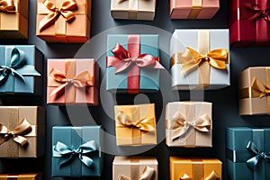 Gift boxes with ribbons on black background. Top view