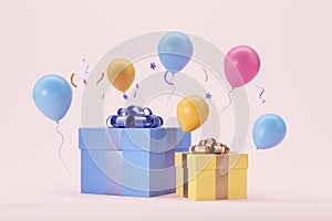 Gift boxes with ribbons and flying colorful balloons, party concept
