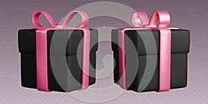 Gift boxes with ribbons, realistic 3d black boxes with pink bows.