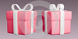 Gift boxes with ribbons, realistic 3d pink boxes with white bows. Surprise gift isolated on grey background.