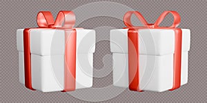Gift boxes with ribbons, realistic 3d white boxes with red bows. Surprise gift isolated on grey background.