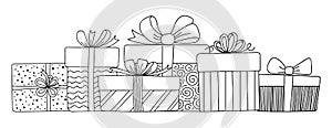 Gift boxes with ribbons set. Hand drawn doodle outline sketch.