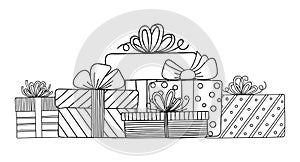 Gift boxes with ribbons set. Hand drawn doodle outline vector