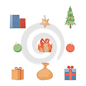 Gift boxes with ribbons, shopping bags, Christmas tree, colorful decorating balls, and stars vector flat elements.