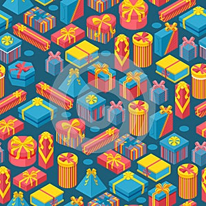 Gift boxes in seamless pattern, vector illustration. Set of isometric icons, wrapping paper for birthday present