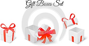 Gift boxes set 3D white with red ribbons