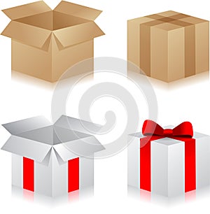 Gift boxes. Set of different present boxes. Surprise in the box.