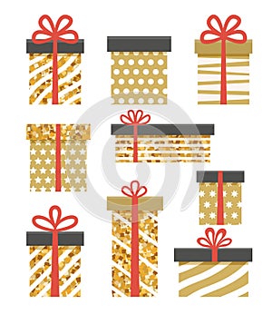 Gift boxes set. Flat design. Gold and black color. Vector