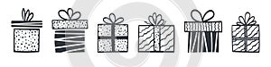 Gift boxes. Set hand drawn gift boxes icons with different textures. Vector illustration